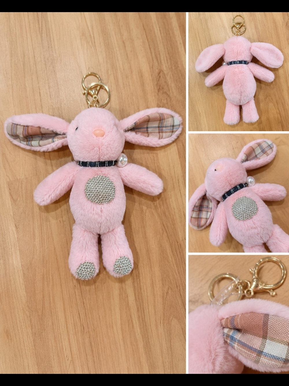 Pink Plush Bunny Rabbit Keychain Charm w/ Rhinestone Detail & Gold Hardware